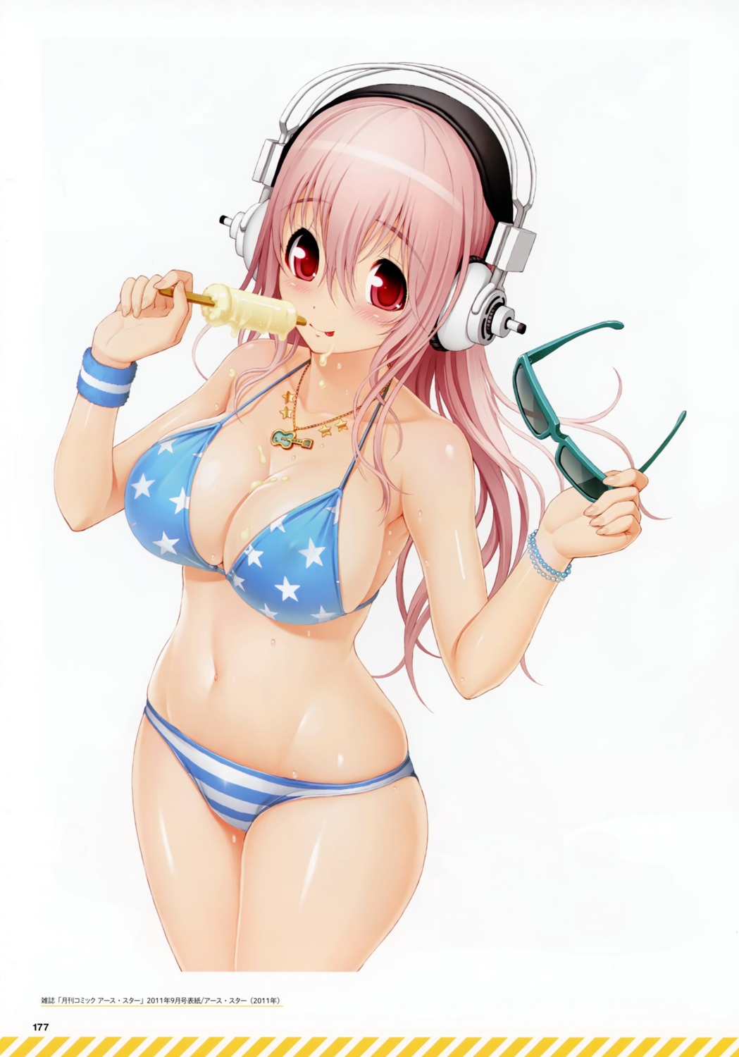 Nitroplus Tsuji Santa Super Sonico Sonico Bikini Cleavage Cream Headphones Swimsuits Bleed